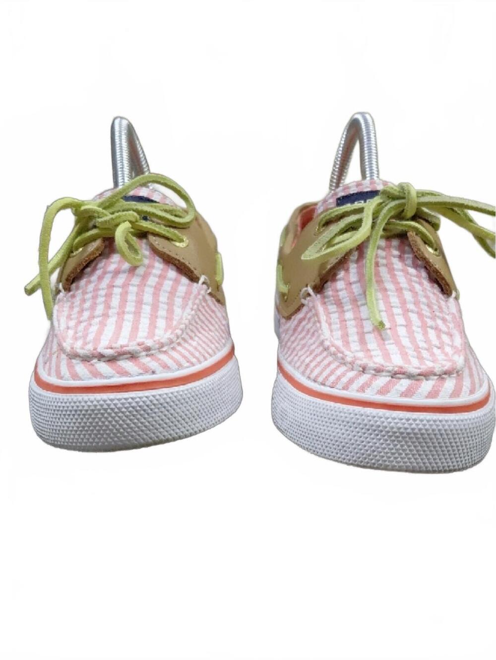 "Sperry" 7M, Pink Striped Boat Shoes with Leather Laces. Look new except soles! - Picture 3 of 9
